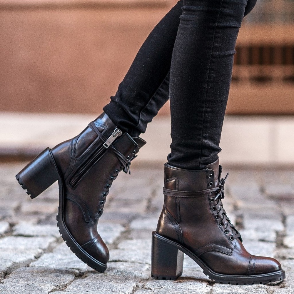 Thursday Boot Company Rebel Heeled Lace Up Combat Boots Coffee Black Size 6